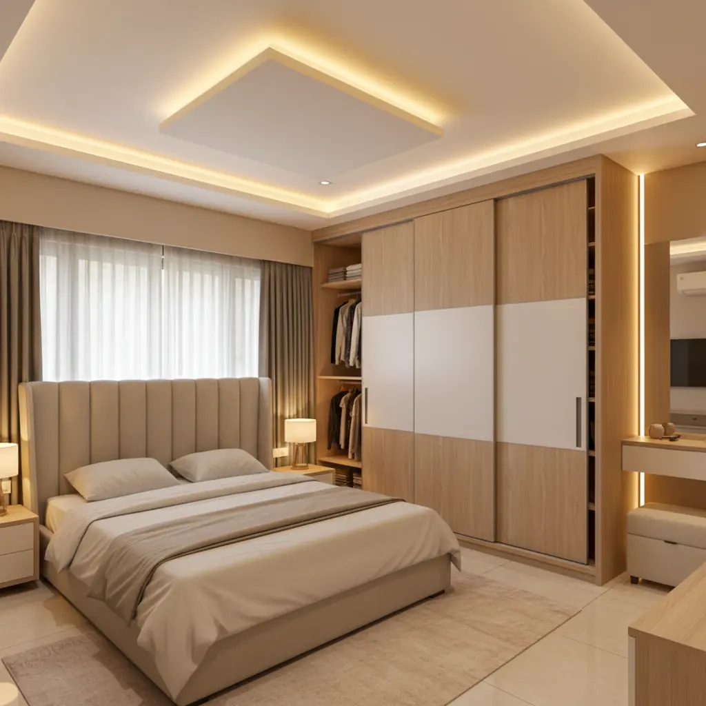 3BHK Interior Design in Nagpur 3 3BHK master bedroom design in Nagpur with wardrobe wall and dressing area