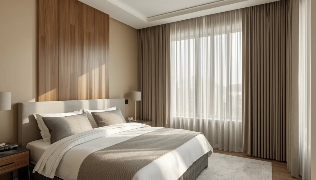 Bedroom Interior Design in Nagpur 3 Bedroom accent wall with wood panel and floor to ceiling curtains