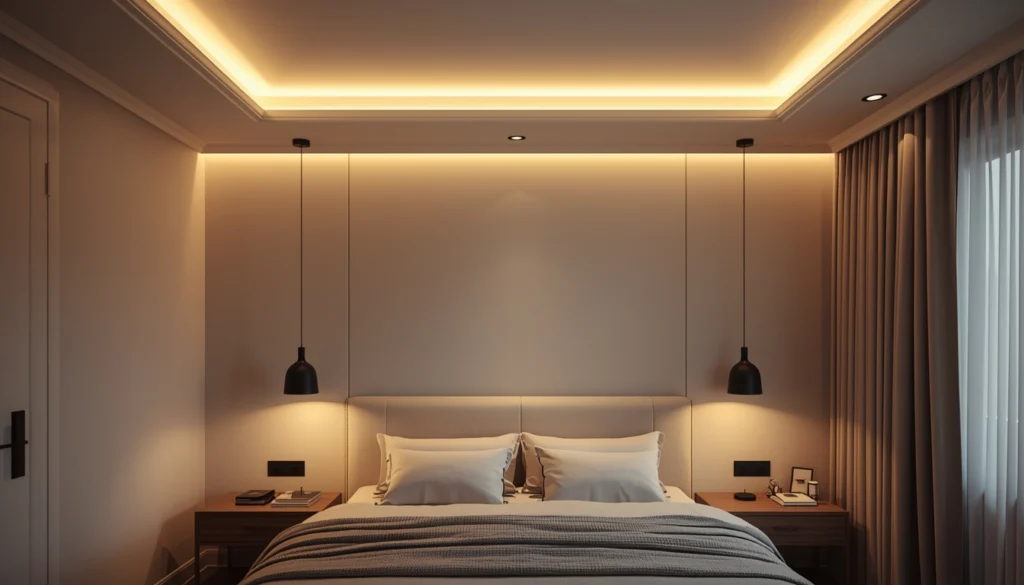 Bedroom Interior Design in Nagpur 2 Bedroom false ceiling with warm cove lighting and bedside pendants