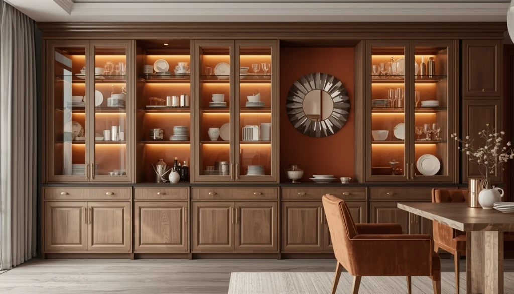 Dining Room Interior Design in Nagpur 3 Built in crockery cabinet with warm accent wall in dining area