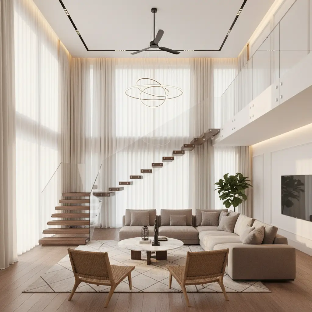 Duplex House Interior Design in Nagpur 2 Ceiling fan and lighting in double height space