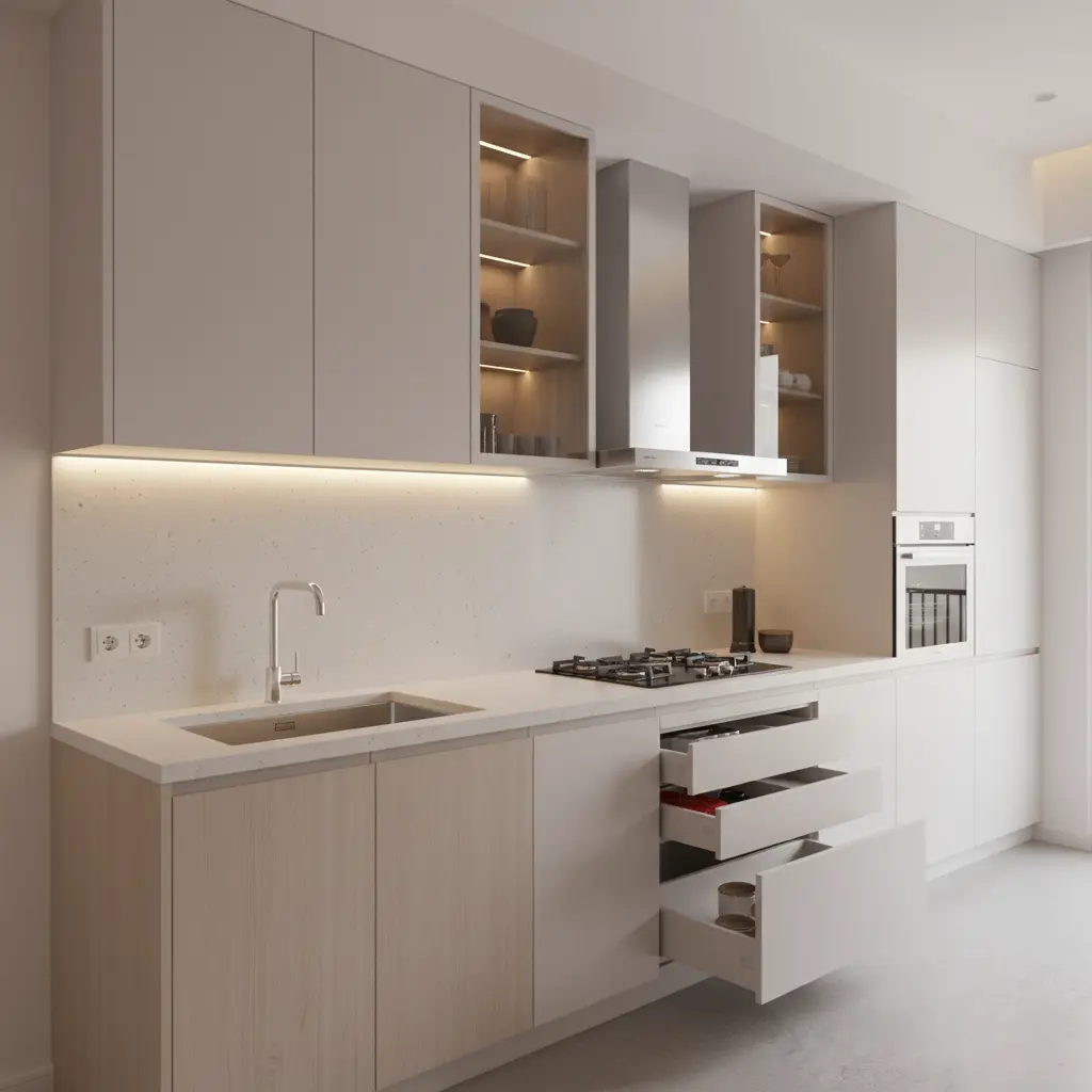 Compact modular kitchen in a 1BHK apartment