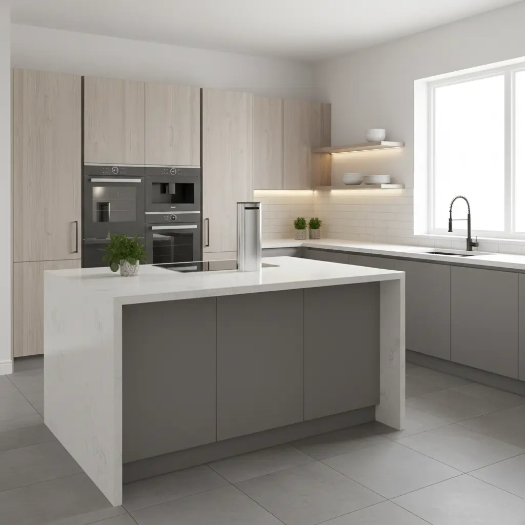 Customized modular kitchen with modern cabinetry and lighting