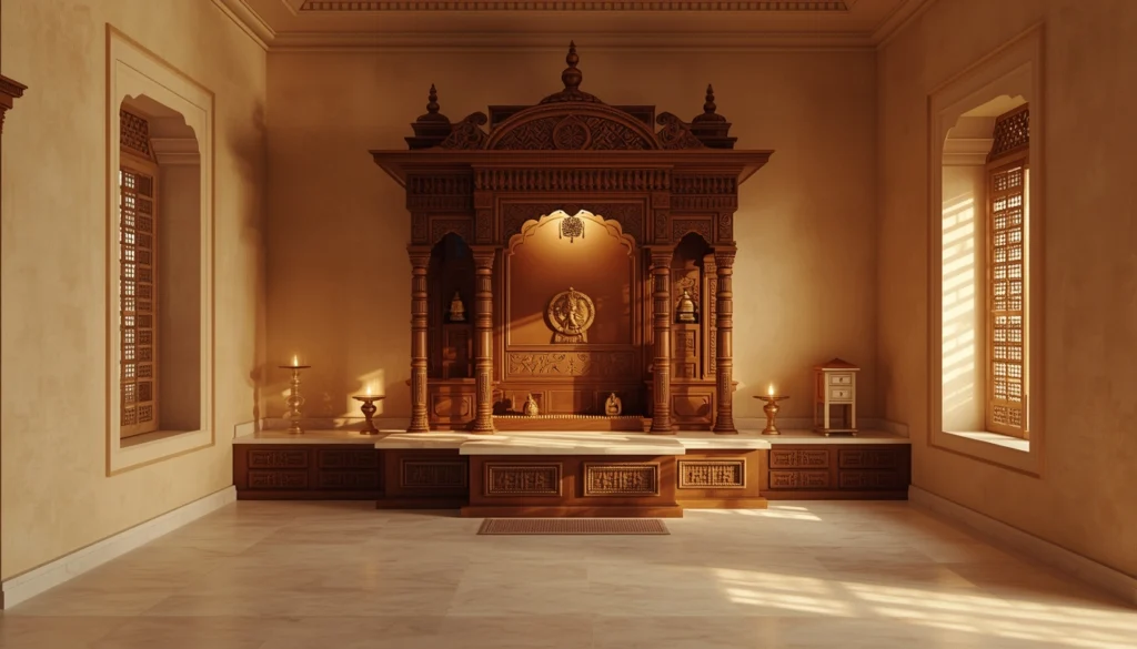 Interior Designers in Rajendra Nagar, Hyderabad 2 Dedicated pooja room with carved wooden temple and warm lighting