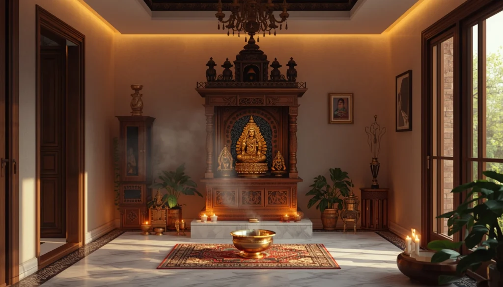 Pooja Room Design in Nagpur 1 Dedicated pooja room with wooden mandir and warm lighting
