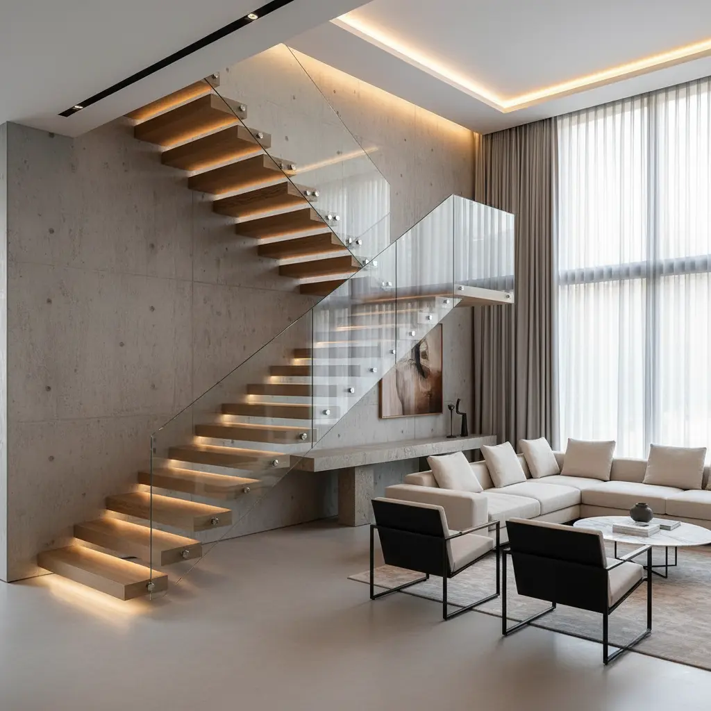 Duplex House Interior Design in Nagpur 1 Floating staircase in modern duplex living room