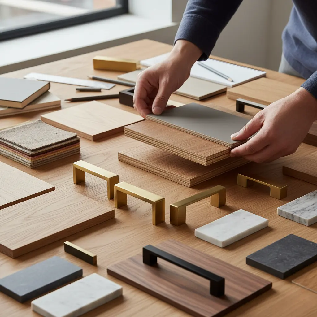 Interior designer selecting plywood and laminate materials