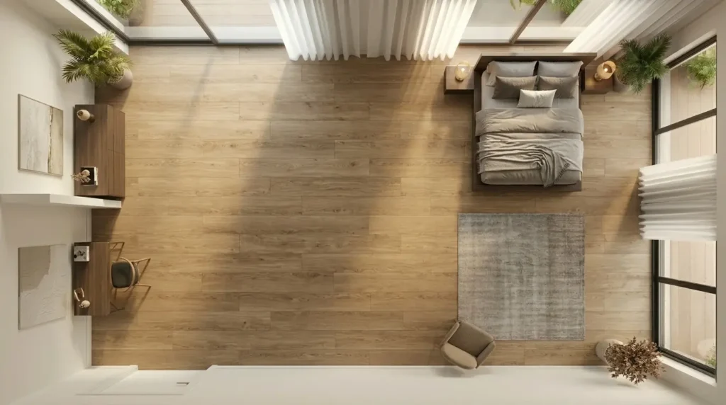 Large format vitrified tile flooring in living room