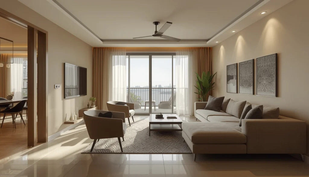 Living Room Interior Design in Nagpur 4 Living room layout with sofa facing TV and clear circulation space