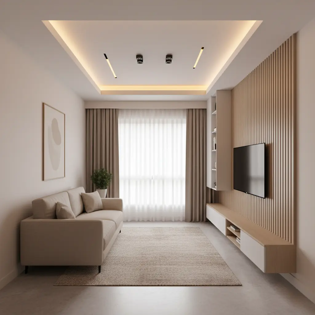 Living room with false ceiling and warm lighting
