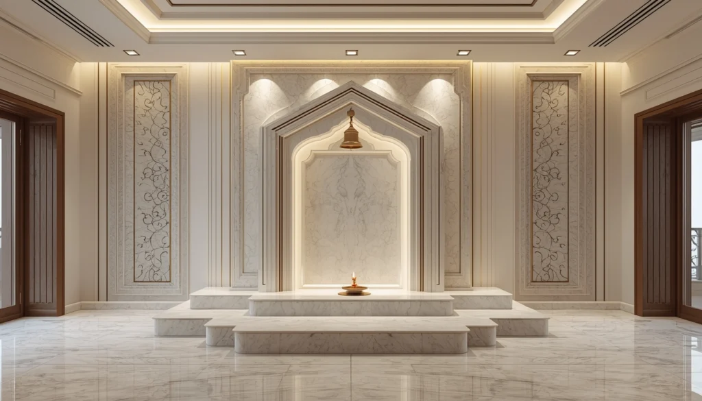 Pooja Room Design in Nagpur 4 Marble mandir with false ceiling and warm lighting