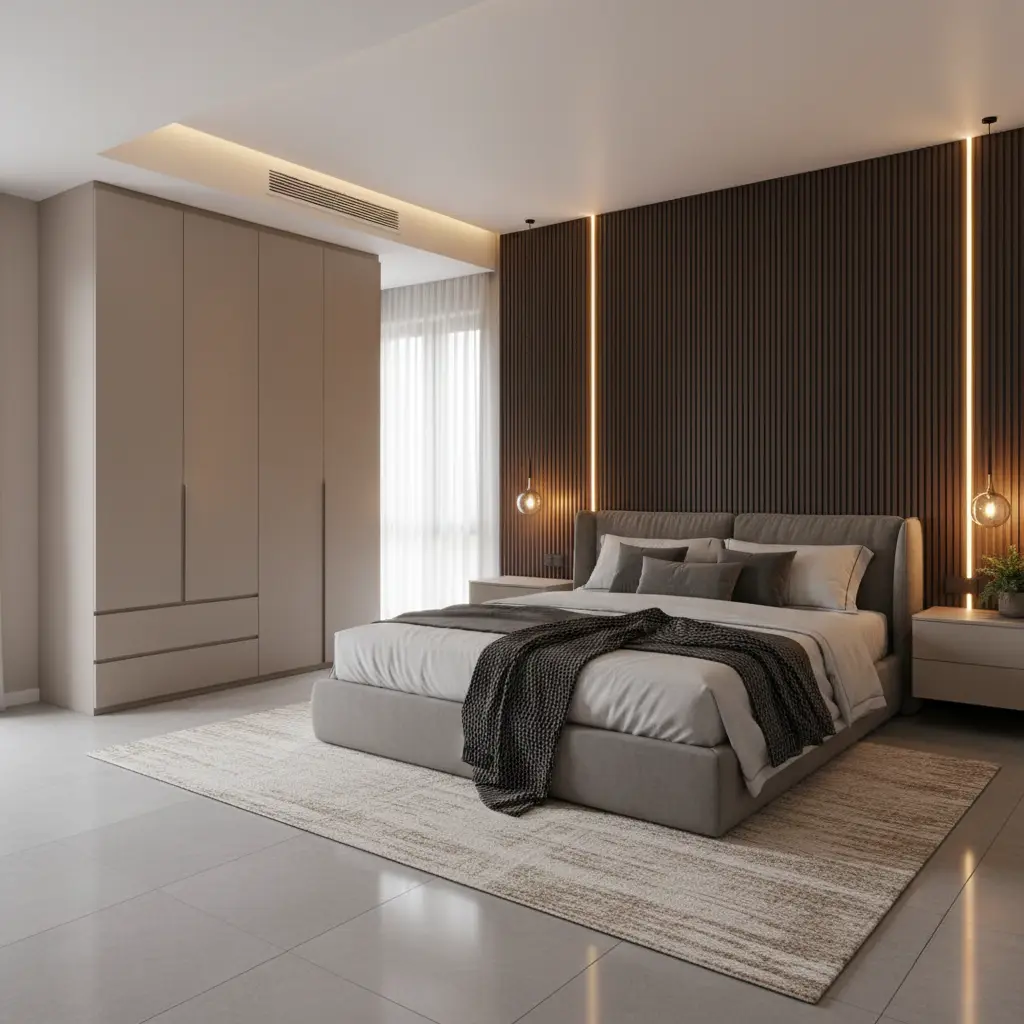 Master bedroom with custom wardrobe and ambient lighting