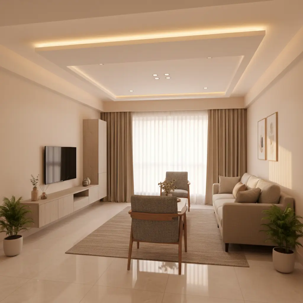 3BHK Interior Design in Nagpur 2 Modern 3BHK living room interior design in Nagpur with false ceiling and neutral furniture