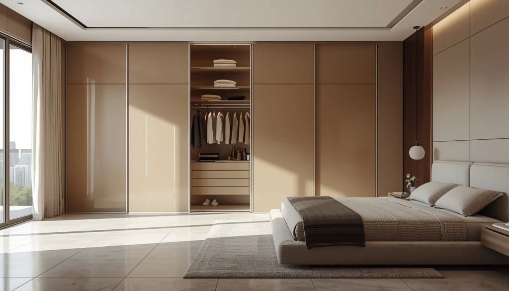Bedroom Interior Design Cost in Nagpur 1 Modern bedroom with large sliding wardrobe and neutral decor