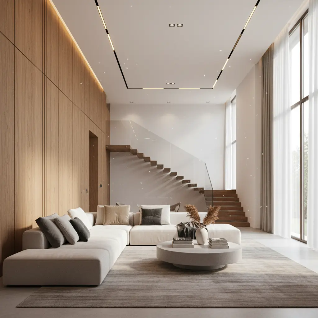 Modern bungalow living room interior with staircase
