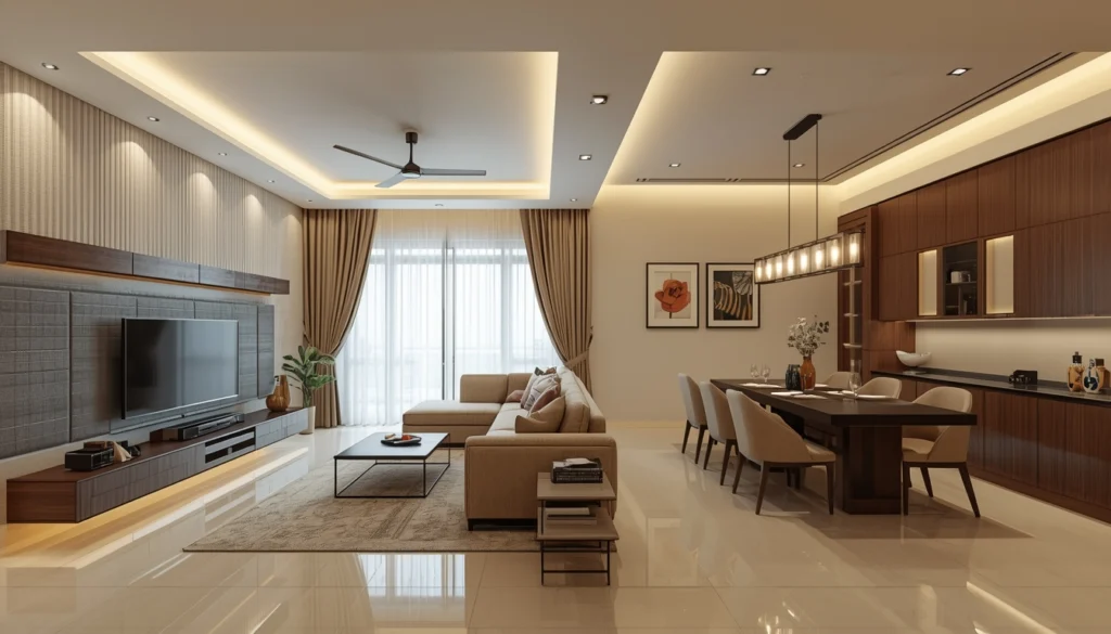 Complete Home Interior Rajendra Nagar Hyderabad 1 Modern open plan living and dining area with false ceiling lighting and custom crockery unit
