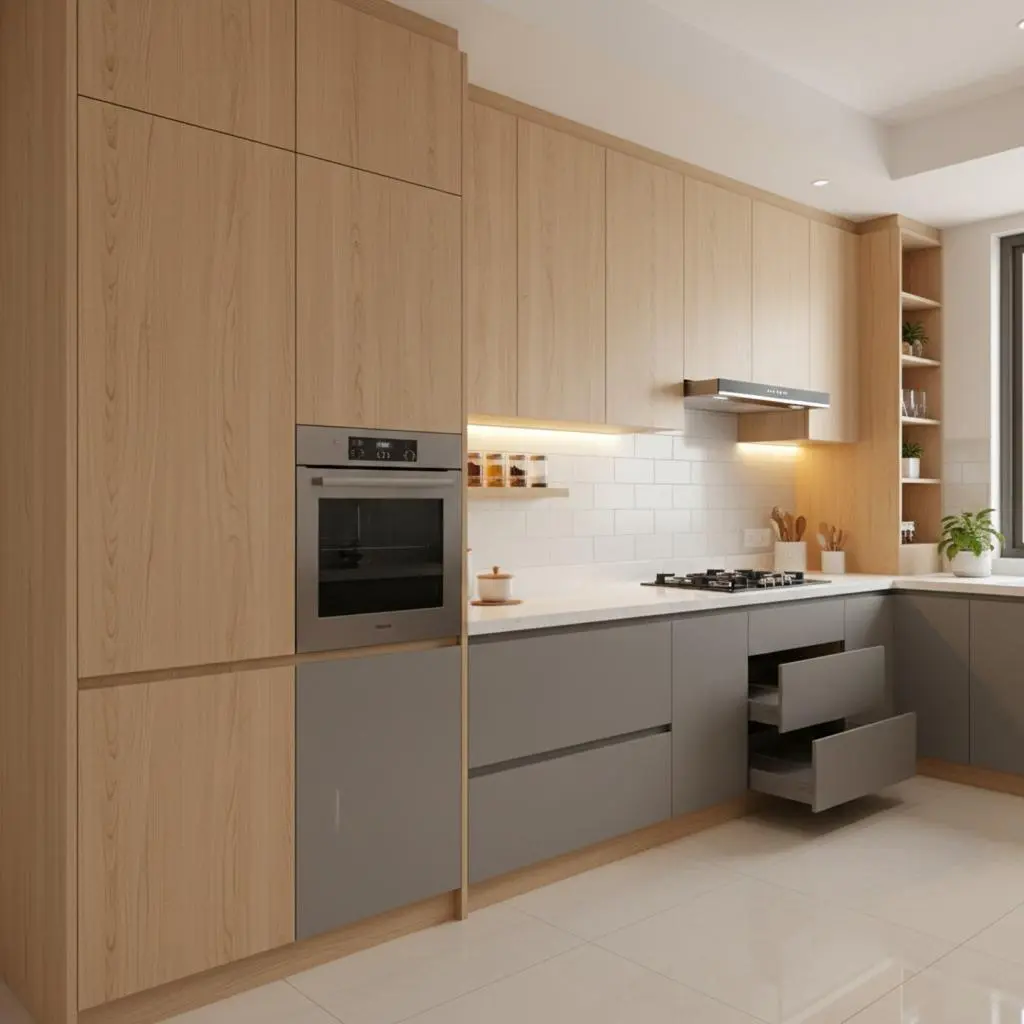 3BHK Interior Design in Nagpur 5 Modular kitchen design with tall pantry storage in a 3BHK home