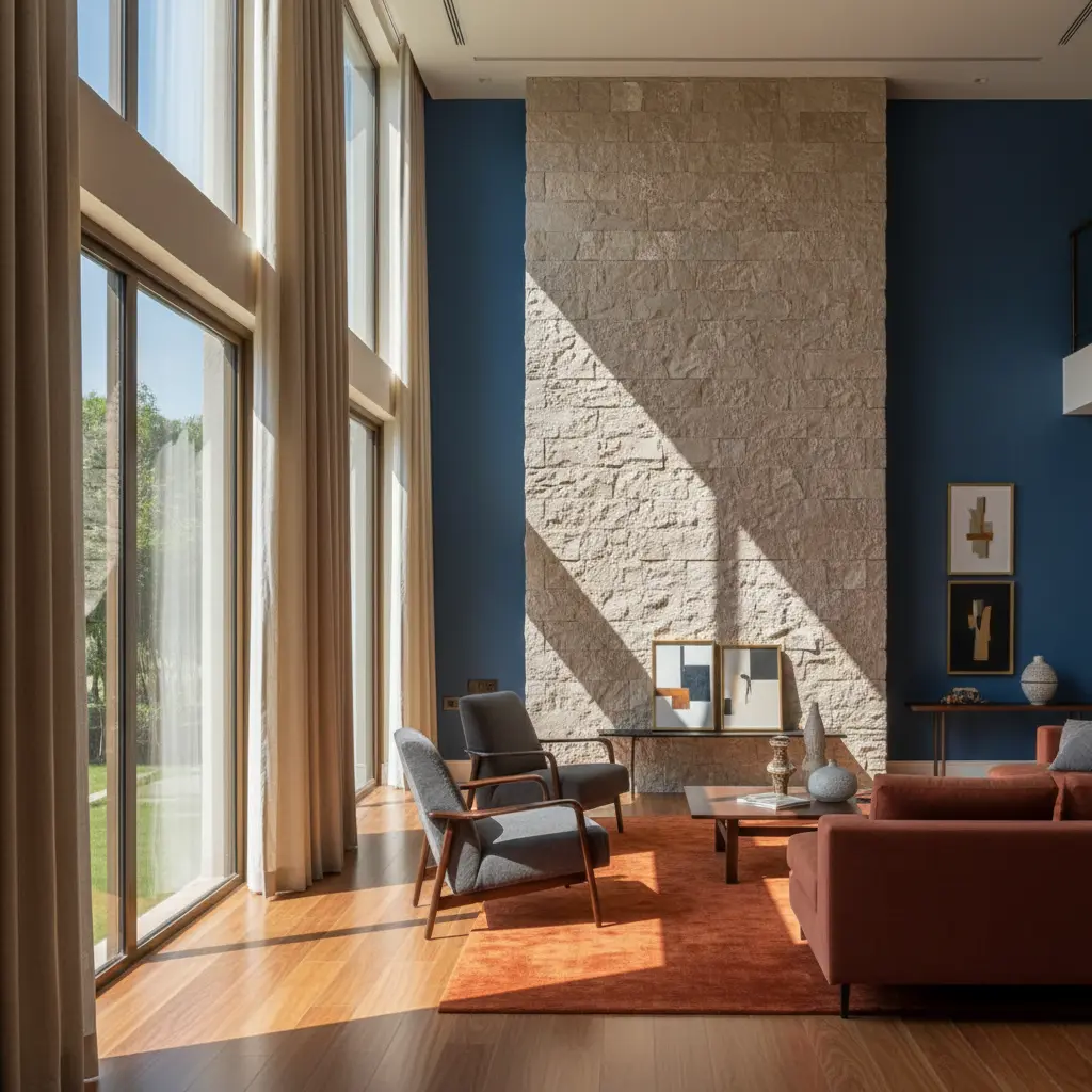 Natural sunlight enhancing stone and wood interior design