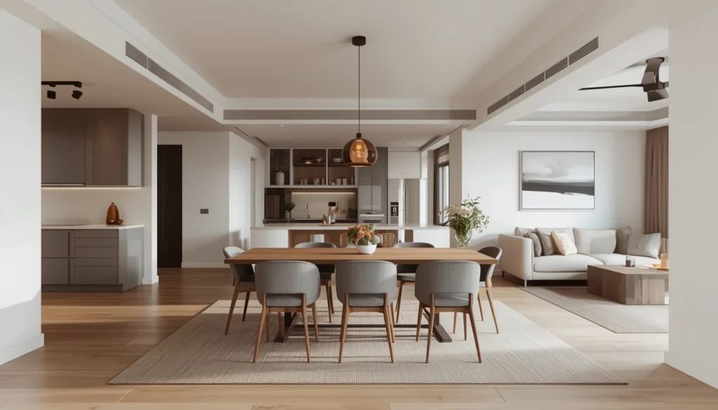 Dining Room Interior Design in Nagpur 1 Open plan dining area with pendant light and rug defining the space