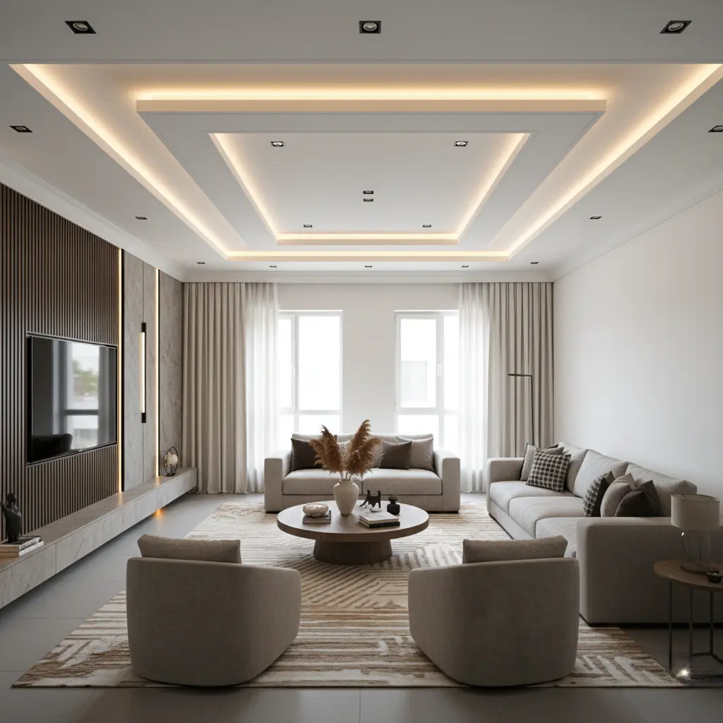 Renovated living room with false ceiling and designer TV wall