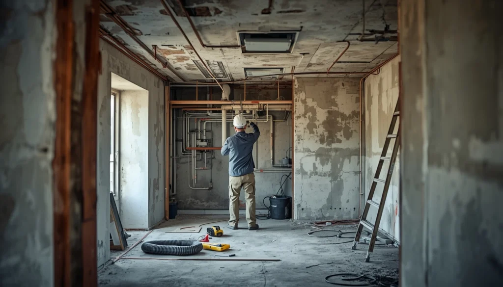 House Renovation Rajendra Nagar Hyderabad 2 Renovation expert inspecting exposed wiring and plumbing inside old home