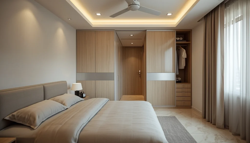 Bedroom Interior Design in Nagpur 1 Sliding wardrobe in compact modern bedroom with optimized space