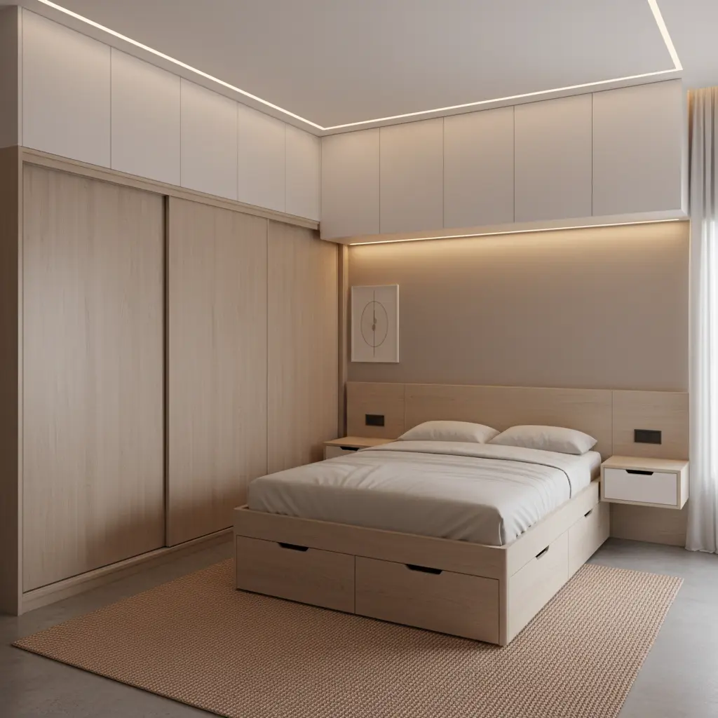 Small bedroom with sliding wardrobe storage