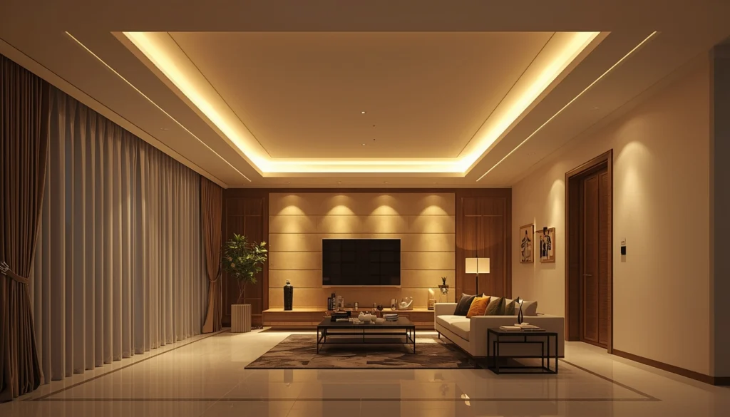 Living Room Interior Design in Nagpur 2 Two level false ceiling with warm cove lighting in living room