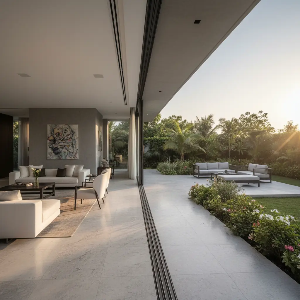 Villa interior connected to outdoor garden space