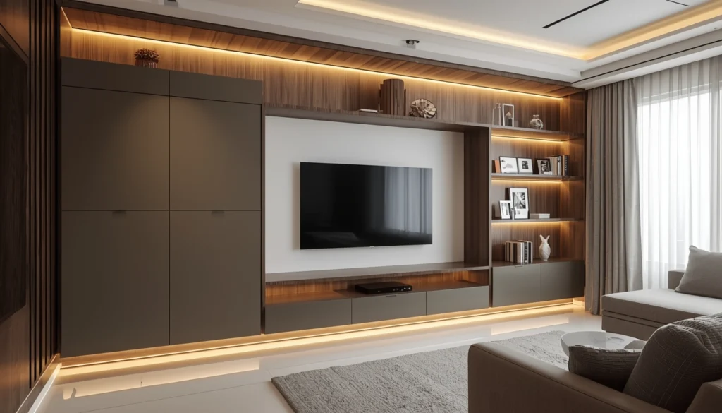 Living Room Interior Design in Nagpur 3 Wall mounted TV unit with closed storage cabinets