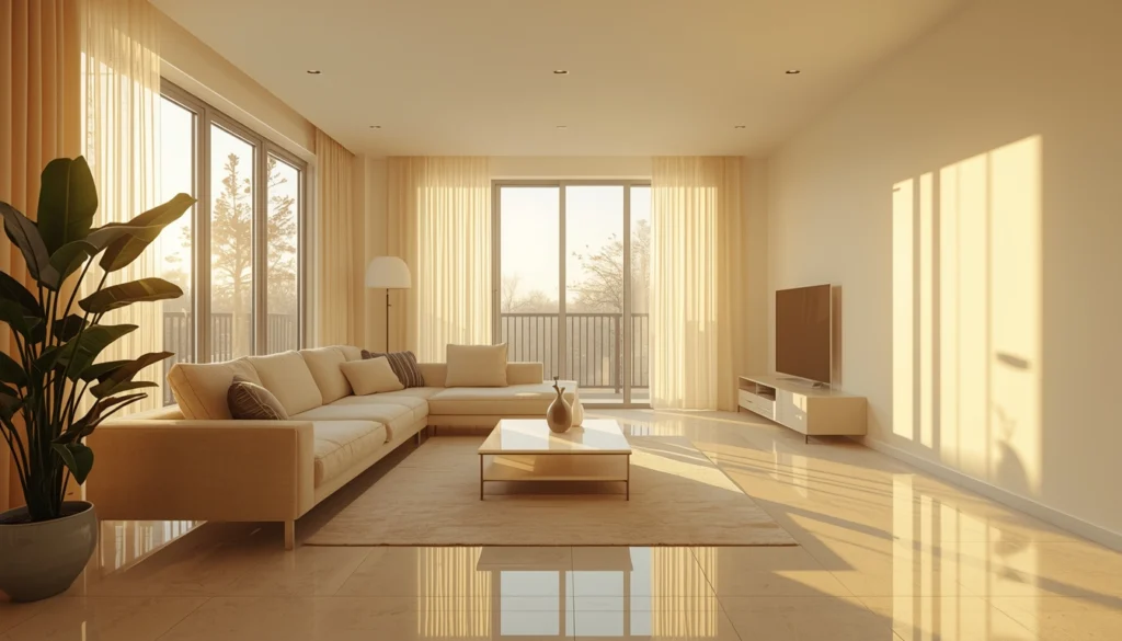 Right Wall Colours for Nagpur Homes 2 Warm white living room in strong afternoon sunlight