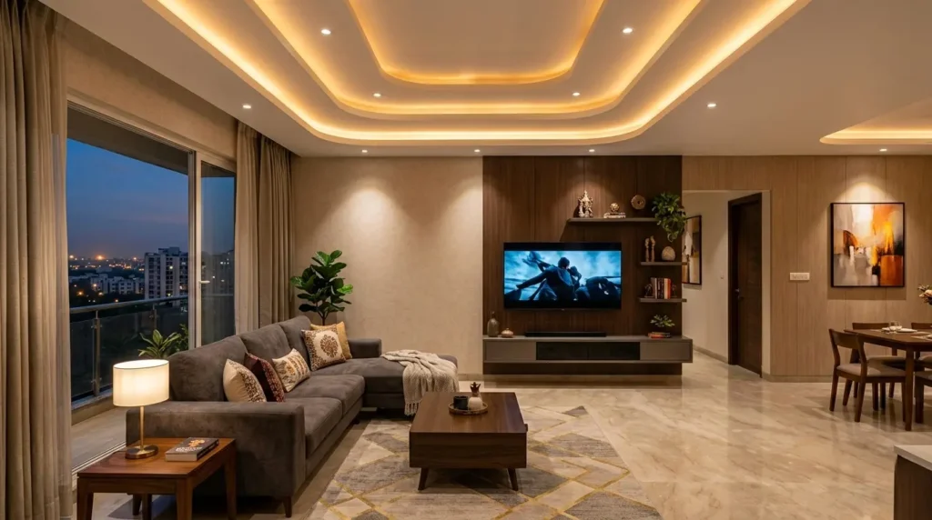 False Ceiling Design in Nagpur: Cost, Types& Ideas 4 bedroom false ceiling with warm LED lighting