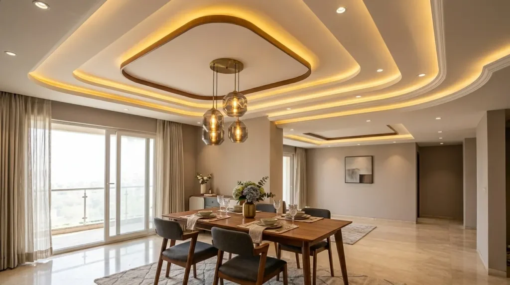 False Ceiling Design in Nagpur: Cost, Types& Ideas 3 dining area false ceiling with pendant light