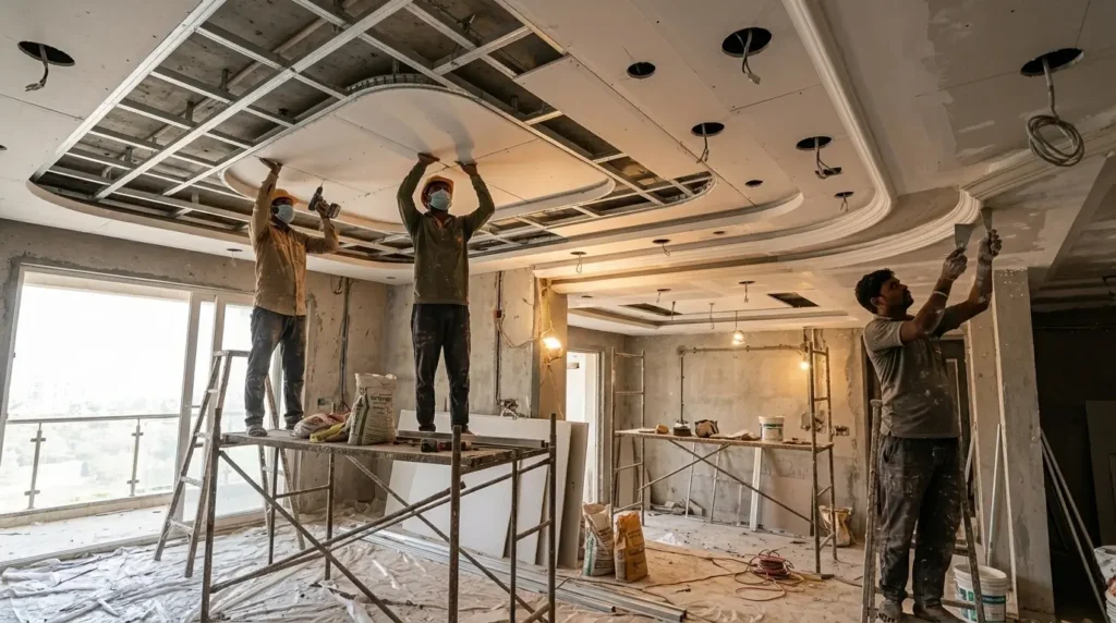 False Ceiling Design in Nagpur: Cost, Types& Ideas 2 gypsum board and POP false ceiling installation