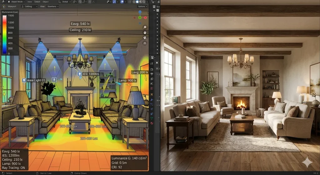 3D architectural lighting design vs. photorealistic walkthrough