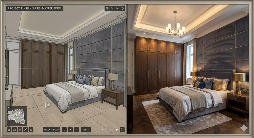 Luxury Bungalow Interior Design in Darwha 3 3D architectural visualization vs. final luxury decor execution