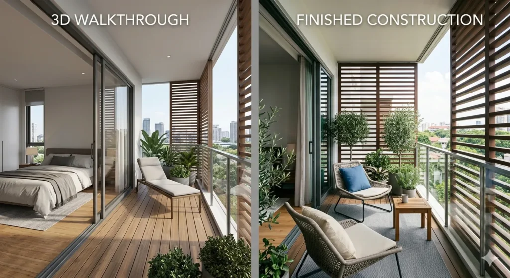 3D architectural walkthrough vs. finished duplex balcony execution