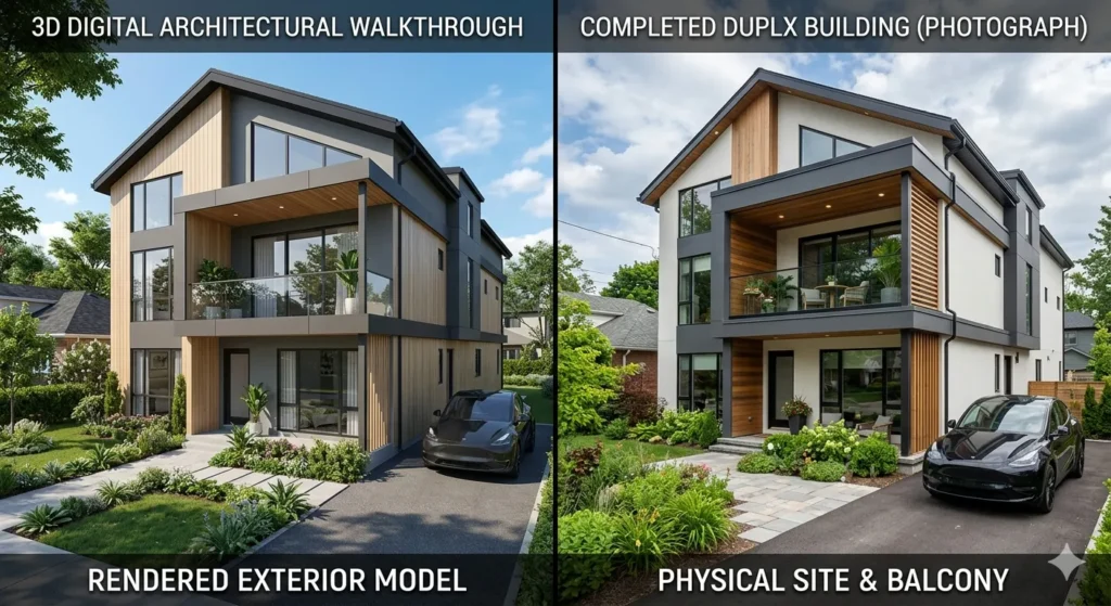 3D architectural walkthrough vs. finished duplex construction