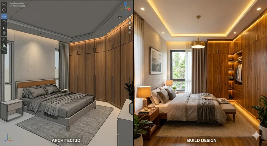 3D interior walkthrough vs. final execution in a Darwha home