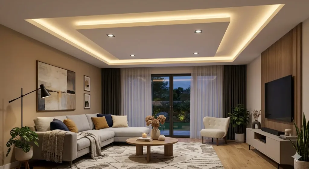 Interior Design for Besa-Manewada Nagpur 1 3D living room render with gypsum false ceiling and cove lighting in Besa Nagpur