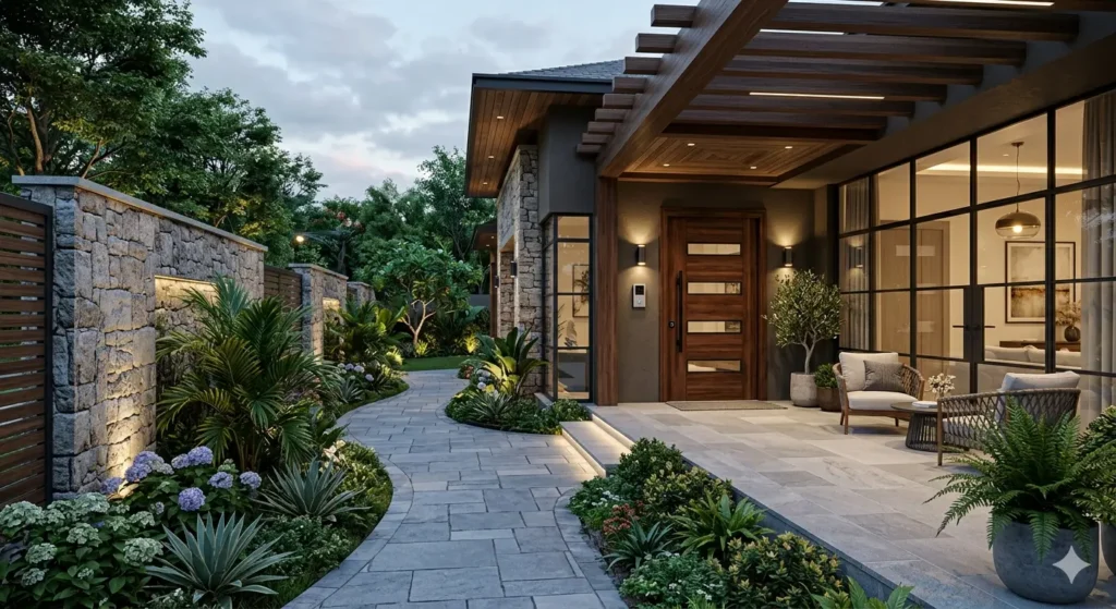 3D visualization of luxury bungalow exterior and entry foyer