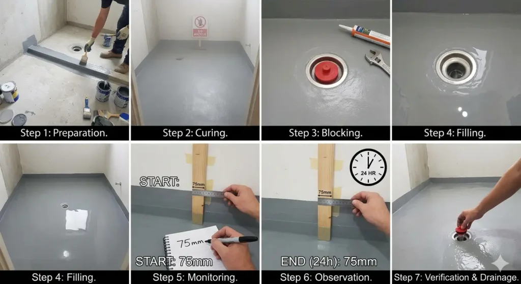 Home Renovation Checklist for Nagpur 2 7 step bathroom waterproofing pond test showing water level monitoring for seepage prevention