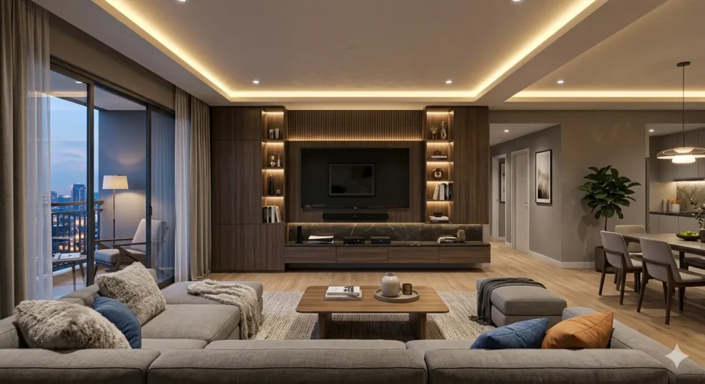 3BHK Flat Renovation Wardha Road Nagpur 1 8K ultra realistic 3D interior render of a 3BHK flat in Manish Nagar Nagpur showing a modern living room layout with integrated LED cove lighting and custom TV unit