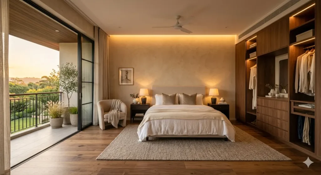 Residential Interior Designers in Pandharkawada 3 A calm master bedroom suite with warm engineered wood flooring integrated cove lighting and a private balcony