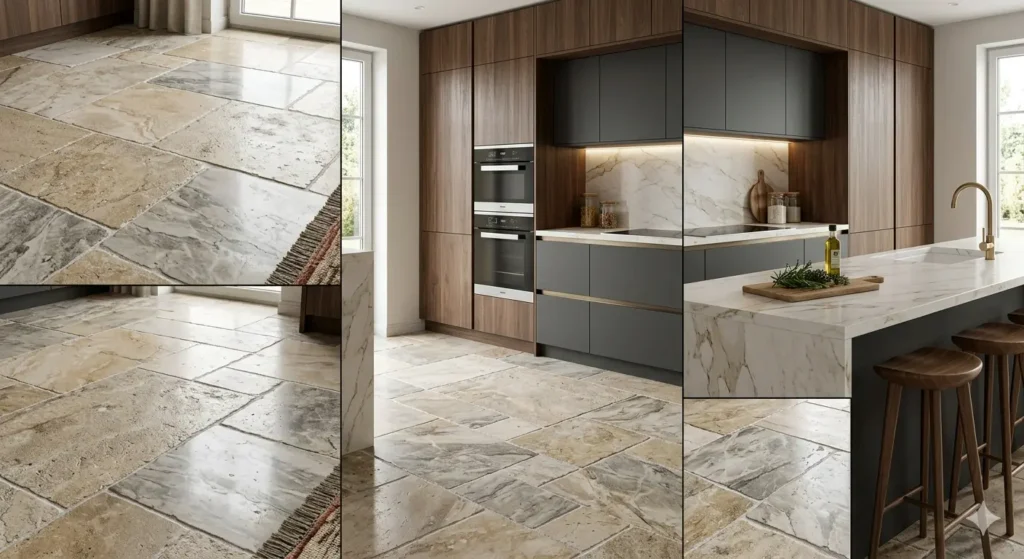 A collage of premium interior finishes natural stone flooring and modular kitchen