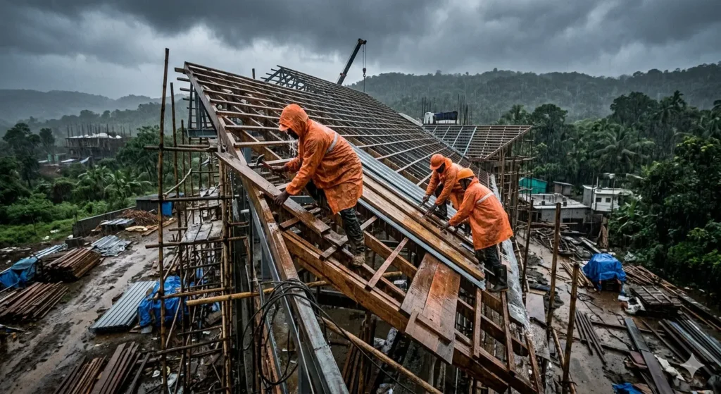 A construction site in Wani showing a sloped roof structure during the monsoon