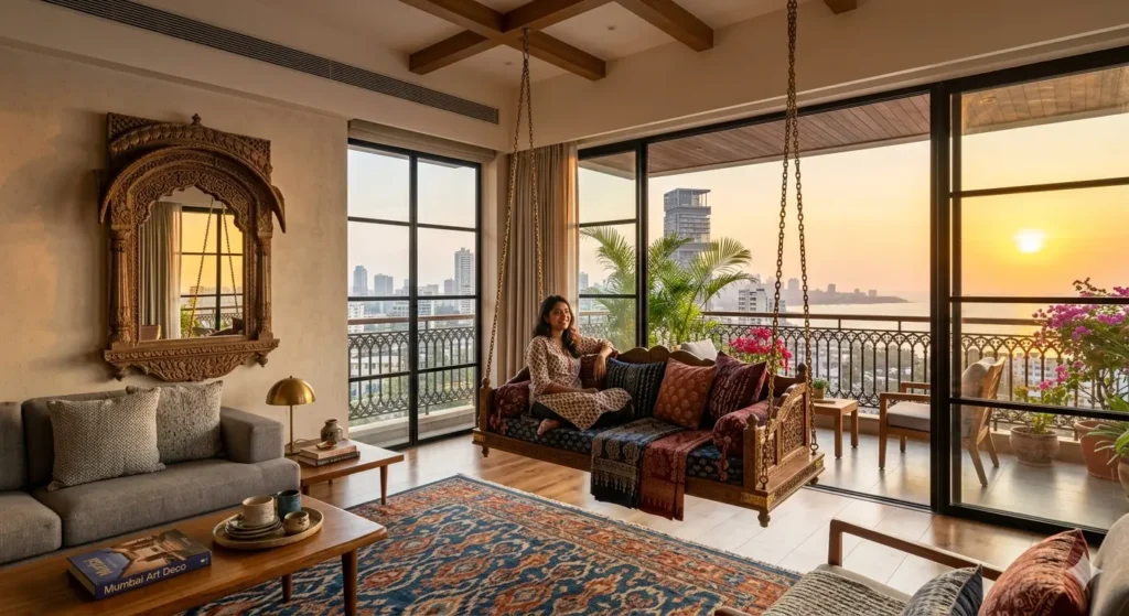 A contemporary Indian living room with block print cushions an ikat rug and a traditional swing