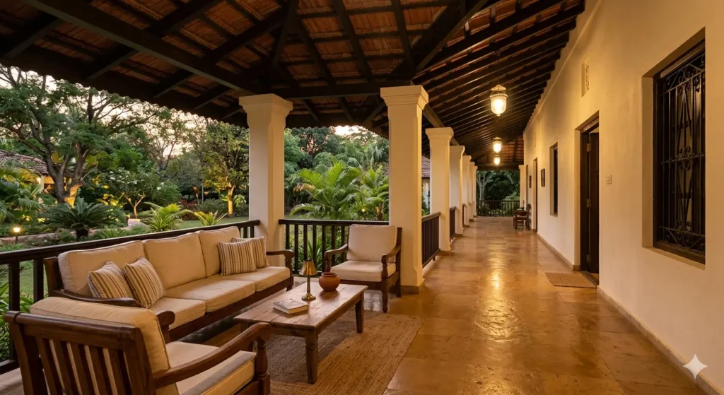 A deep Vidarbha bungalow veranda with cooling Kota stone flooring and teak wood furniture