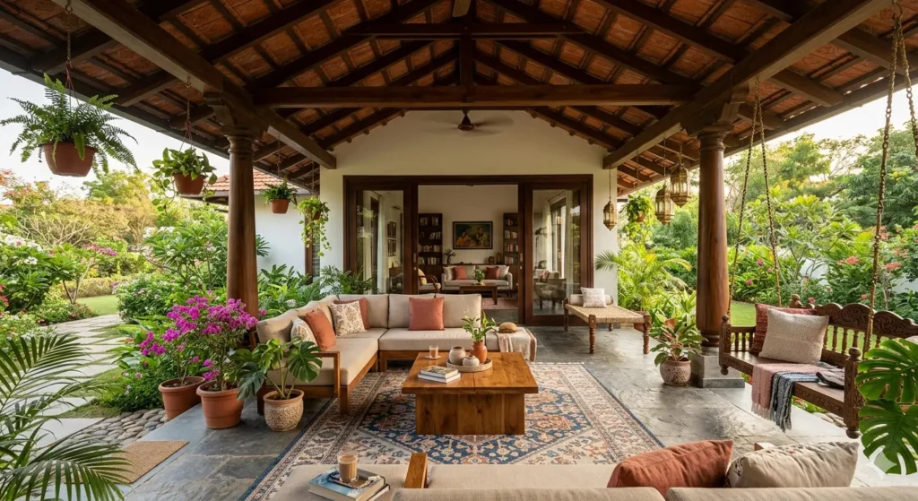 A detailed shot of a traditional yet modern veranda shading a main living area