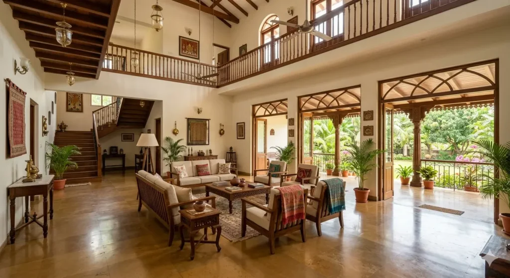 Residential Interior Designers in Pandharkawada 1 A grand Vidarbha bungalow drawing room featuring Kota stone flooring teak furniture and a deep shaded veranda